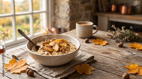 Healthy breakfast bowl with cereal, warm oats, roasted apples, and maple syrup on a rustic wooden table with maple leaves and coffee near a stone window.