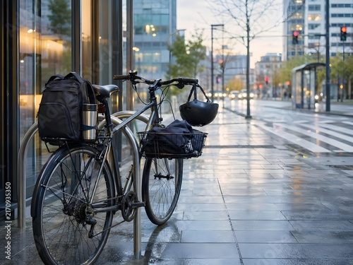 commuter bicycle with backpack and helmet on wet city sidewalk