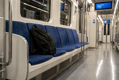forgotten black rucksack on blue subway seats