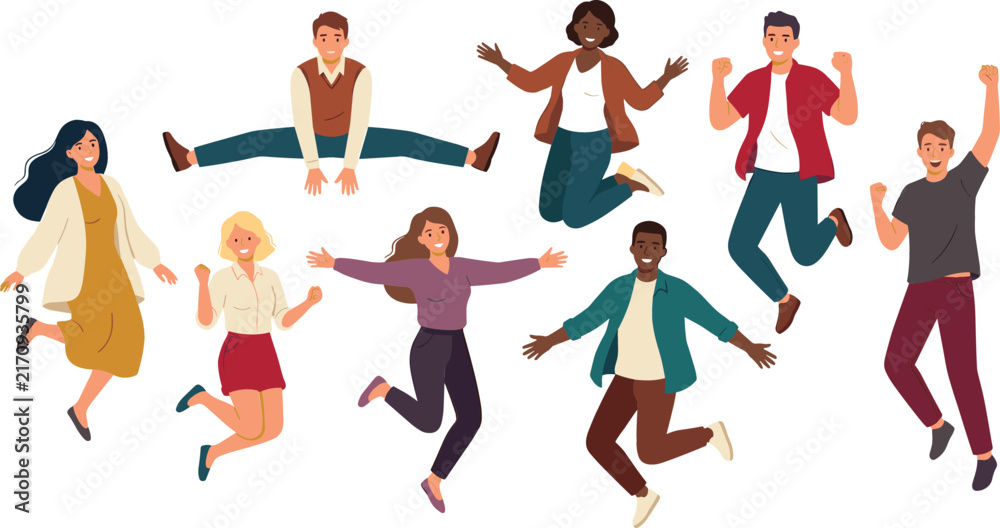 Fototapeta premium Diverse happy people jumping and celebrating success vector set with joyful men and women bouncing splits smiling and expressing positive energy.