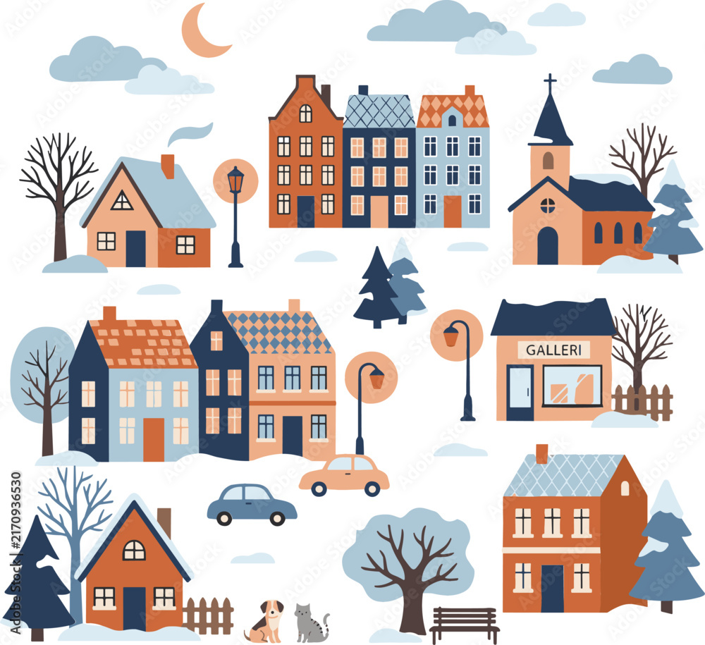 Fototapeta premium Winter town vector illustration with cute houses church cafe shop cars street lamps trees snow and pets under a crescent moon sky.