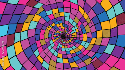 Swirling vortex pattern multicolored geometric mosaic tiles and dark outlines creating a spiral effect