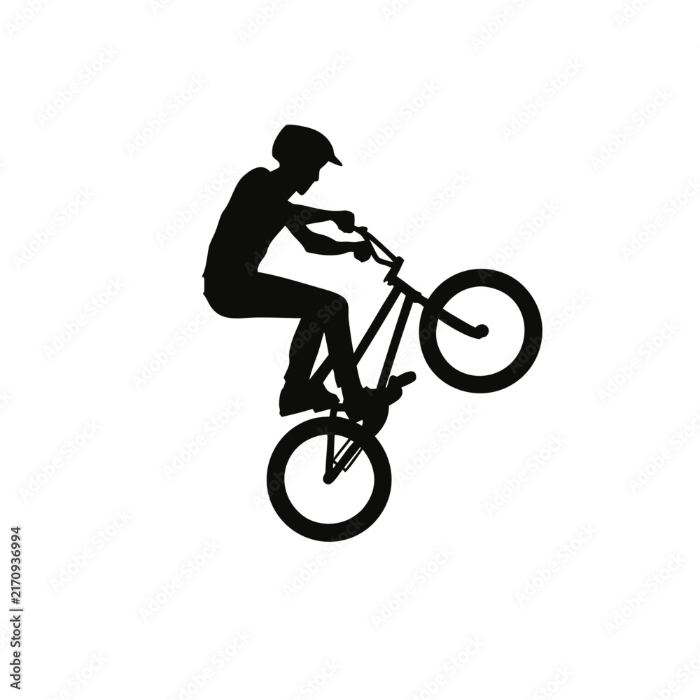 Fototapeta premium Bmx rider silhouette vector, extreme sports bike stunts, cycle trick illustration, bmx rider jump graphics, sport competition design, flat minimalist action icon