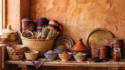 arranged moroccan crafts and textiles with spices and pottery on wooden table
