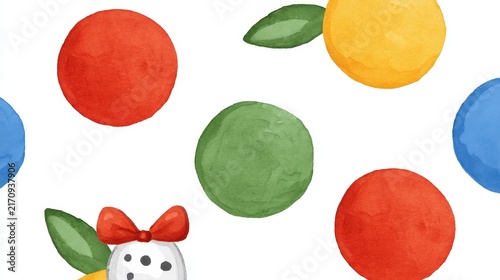 Watercolor Fruit and Snowman Illustration with Red, Green, Blue, and Yellow Shapes