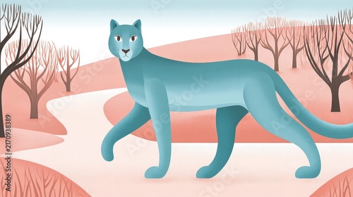 Elegant Blue Panther in Artistic Nature Scene with Leafless Trees and Soft Hills