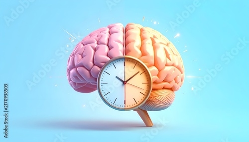 Creative brain and clock concept with contrasting warm and cool tones, symbolizing time perception, cognitive balance, mental performance, productivity, and decision making.