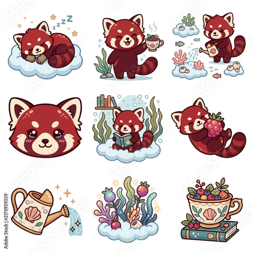 A collection of cute red panda illustrations featuring various activities and whimsical nature elements