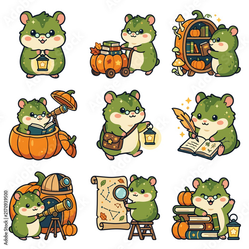 A collection of cute green hamsters engaged in various autumn activities and scholarly pursuits