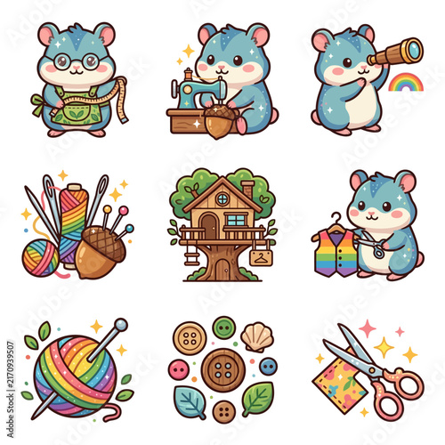 A collection of cute cartoon hamsters and various sewing craft supplies