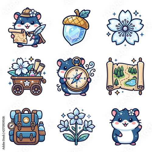 A collection of cute cartoon hamster explorer icons with travel gear and floral elements