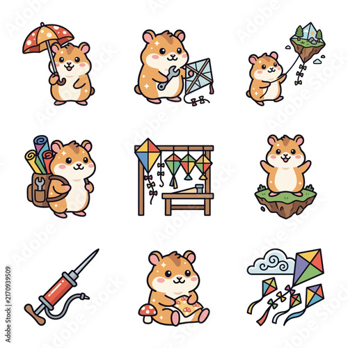 A collection of cute cartoon hamsters engaged in various fun activities and hobbies