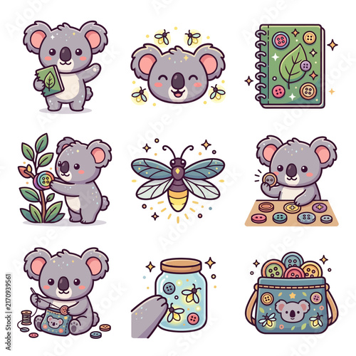 A collection of cute cartoon animals and craft items in a flat vector style