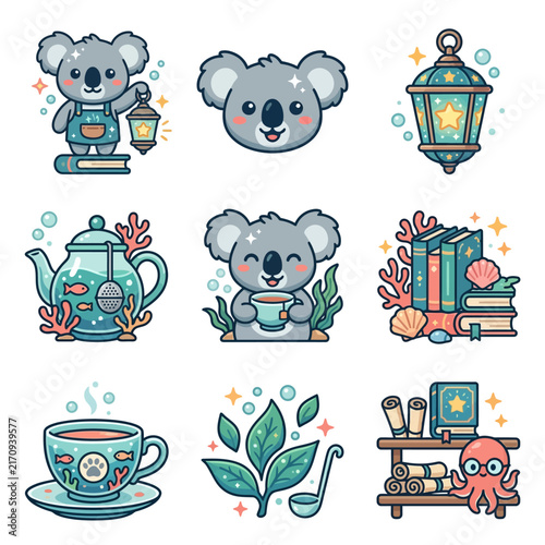 A collection of cute cartoon illustrations featuring animals and magical objects