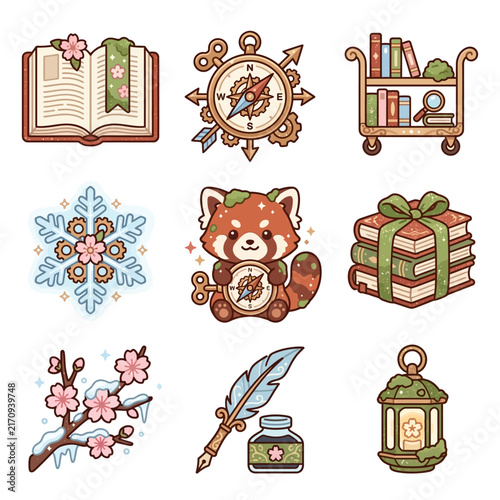 A collection of whimsical winter themed icons featuring books and nature elements