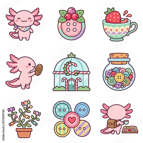 A collection of cute cartoon illustrations featuring small pink aquatic creatures and colorful buttons