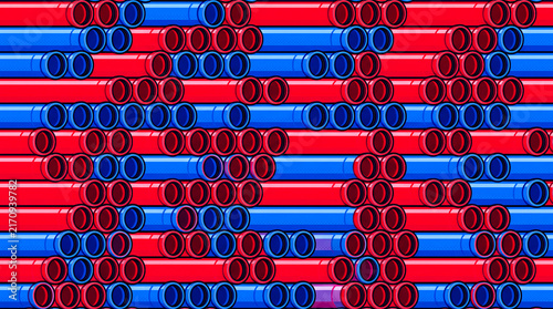 stack of red and blue plastic construction pipes repeating pattern graphic design illustration