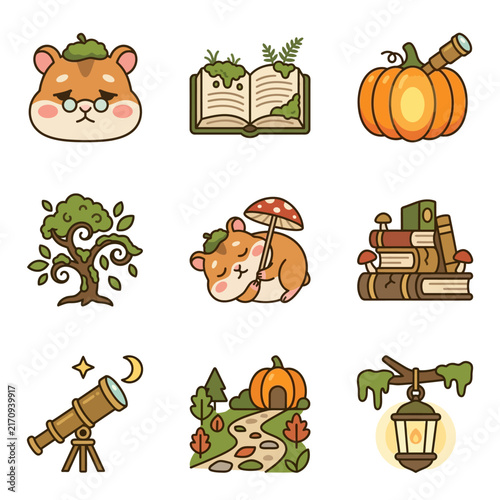 A collection of cute woodland themed icons featuring small animals and nature elements