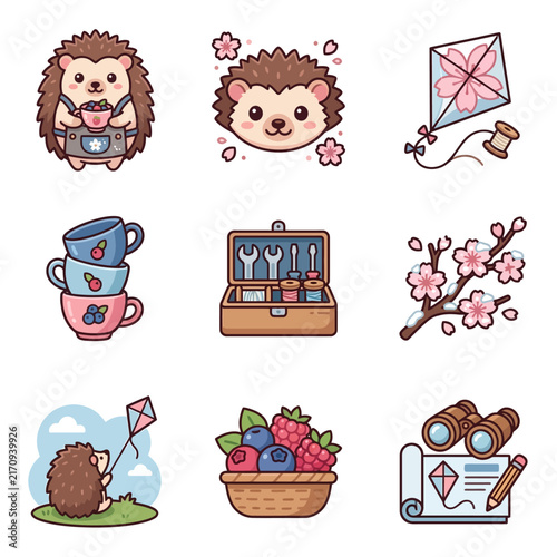 A collection of cute cartoon icons featuring hedgehogs and spring items