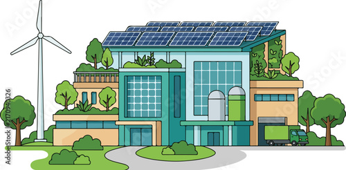 Modern eco friendly factory building with solar panels and wind turbine sustainable green energy concept vector illustration