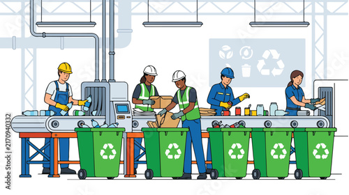 Professional workers sorting recyclable materials on a conveyor belt in a modern waste management and recycling center facility