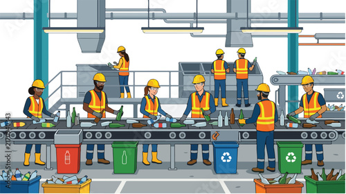 Diverse workers in safety vests and hard hats sorting recyclable materials and glass bottles on an automated conveyor belt in a modern recycling plant facility