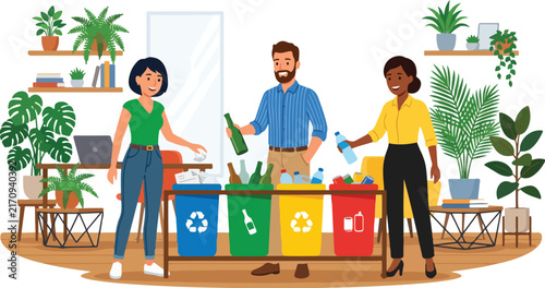 Diverse team collaborates on eco-friendly waste management in a modern office, promoting sustainability and responsible recycling practices for a greener future