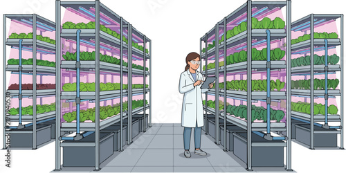 Scientist Monitoring Vertical Farming Systems with LED Lighting and Hydroponic Racks for Sustainable Indoor Agriculture Production