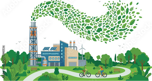 Green eco factory with zero emission concept producing clean energy with solar panels wind turbine and leaves vector illustration