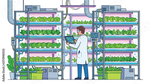 Scientist monitoring vertical indoor farm systems with a tablet in a modern laboratory for sustainable urban agriculture