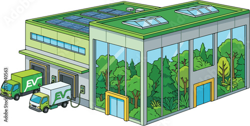 Modern eco-friendly warehouse with solar panels and electric vehicles charging, showcasing sustainability and green technology in a contemporary building design
