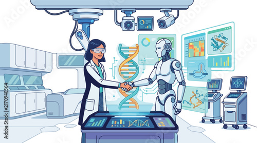 Biotechnology scientist and robot collaborating in a futuristic laboratory on DNA research and advanced technology