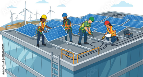 Technicians installing solar panels on commercial building roof with wind turbines for renewable energy production