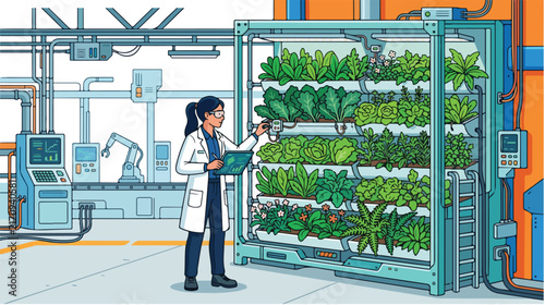 Female Scientist Monitoring Automated Vertical Farming System in High Tech Lab Illustration