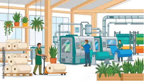 Modern sustainable textile manufacturing facility with workers operating fabric production machinery and rolls of cloth in a bright interior