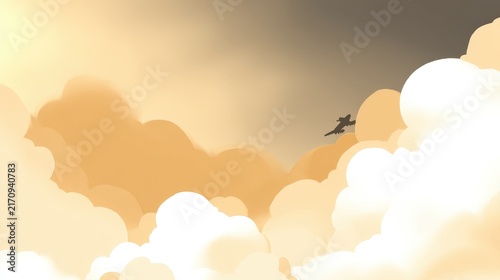 Airplane Flying Through Bright Cloudy Sky During Sunset or Sunrise