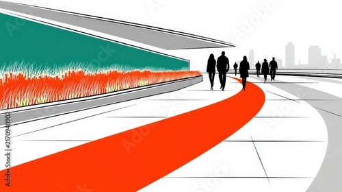 Modern cityscape with futuristic walking path and skyline background