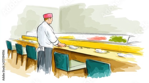 Chef Preparing Food at a Restaurant Counter with Seating Area in the Background