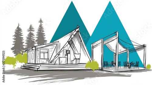 Artistic Illustration of Stylish Outdoor Camping Tent and Lounge Area with Forest Backdrop