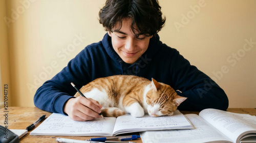 Teen boy studying at a table with a sleeping cat on his notebook  