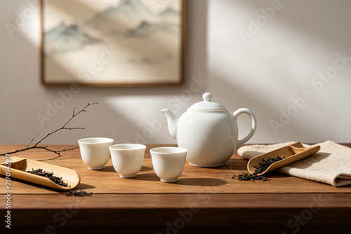 Close‑up shot of ceramic chinese tea set on wooden table, soft natural light tea still‑life
