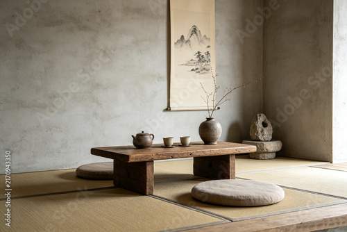 Wabi‑sabi zen tea room with tatami mat and dry rock garden, minimalist asian interior