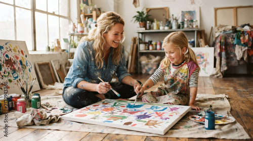 Mother and daughter enjoying painting and being creative together.