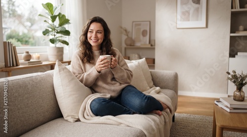 young woman sitting on sofa and drinking coffee