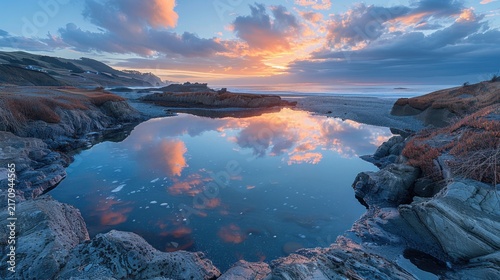 Tide pools reflecting soft evening light