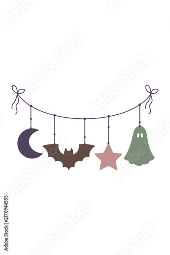 Cute Halloween Garland Vector Illustration, Boho Spooky Hanging Bunting with Ghost and Bat, Muted Pastel Autumn Party Decoration, Whimsical Holiday Banner Clipart, Kids Room Festive Wall Decor