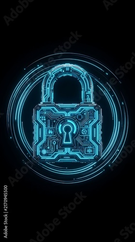 Futuristic glowing neon padlock with embedded circuit designs surrounded by orbital light rings on dark backdrop.