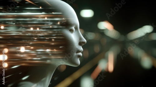 Artificial Intelligence Aura: A futuristic human head silhouette, imbued with the glow of digital data streams, suggests the dawn of advanced artificial intelligence and its transformative potential.
