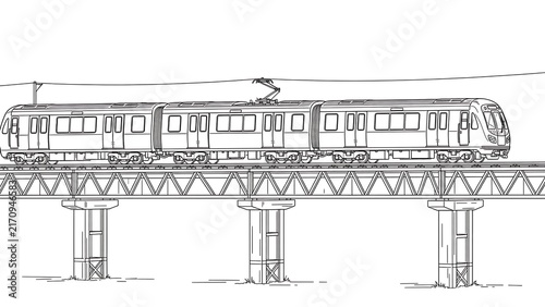 Modern passenger train on elevated tracks white background.