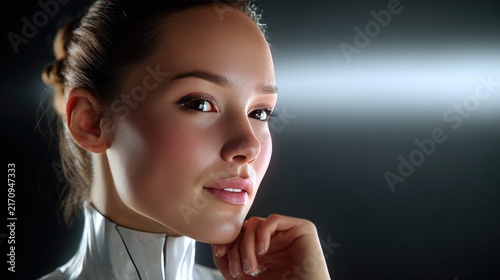 Elegant Portrait of a Young Woman: A striking close-up of a young woman with warm, inviting eyes and a subtle smile. Her sophisticated hairstyle and poised demeanor exude an air of refined beauty.